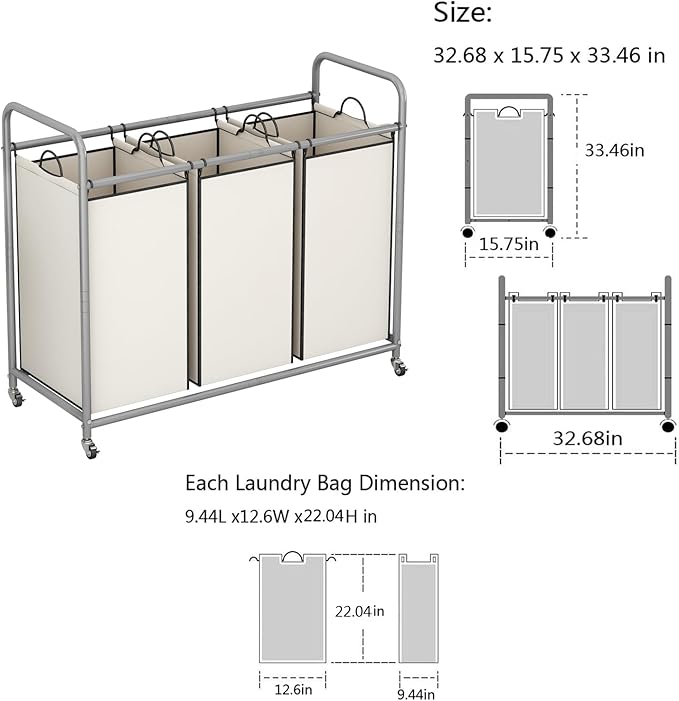 LINZINAR 3 Section Laundry Hamper, Beige Laundry Basket 135L Laundry Sorter | Laundry Room Organization with Heavy Duty Rolling Lockable Wheels and Removable Bag, Bedroom Laundry Cart for Clothes Storage