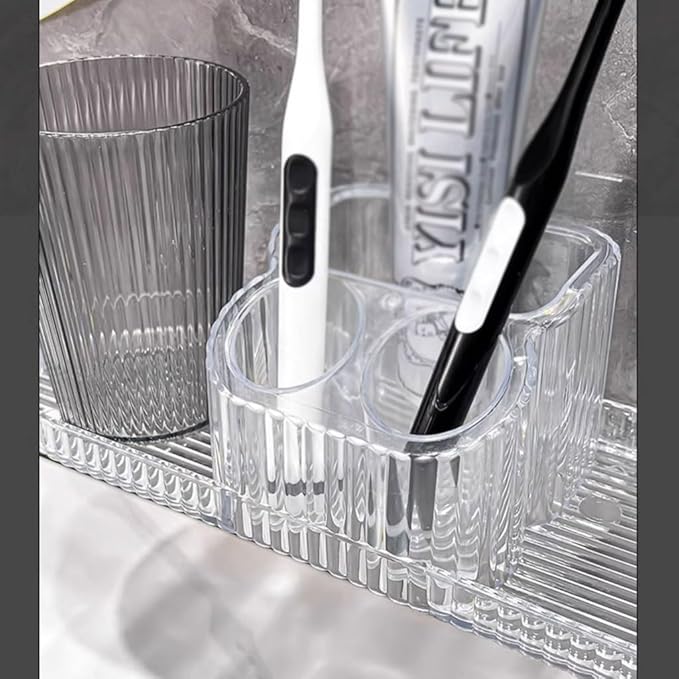 Toothbrush Rack Acrylic Countertop Toothbrush Holder Bathroom Counter Storage Box Toothbrush Makeup Brush Holder Transparent Gray Color Bathroom Toothbrush Holder(B), S28cm