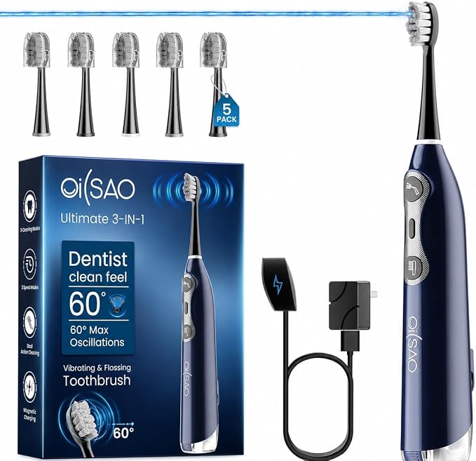 Electric Toothbrush with Water Flosser for Adults, Sonic & Cordless 3-in-1 | Sonic Brush & Floss Combo,30-Day Battery,3 Floss+3 Brush Modes,Braces Friendly, Sensitive Gums,5 Brush Heads