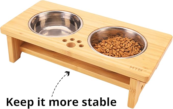 HTB Elevated Dog Bowl Stand with 2 Stainless Steel Bowls-4" H Small Bamboo | Raised Dog Bowl Stand, 4"tall, 21 Oz Bowls, for Small Sized Dogs, Pet-safe, Solid Bamboo