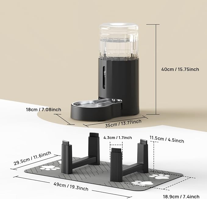 CZPET Elevated Dog Water Bowl Dispenser 8L (8L+Stand+Mat, Black) | With Stainless Steel Bowl Gravity Waterer, Large Capacity and Drinking Area Noise-Free for Pets