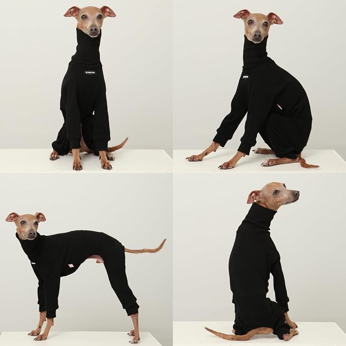 D Doggy Star Italian Greyhound Clothes, Brushed Fleece Turtleneck All in One, Stretchy and Cozy (S,Brshd FLC Black)