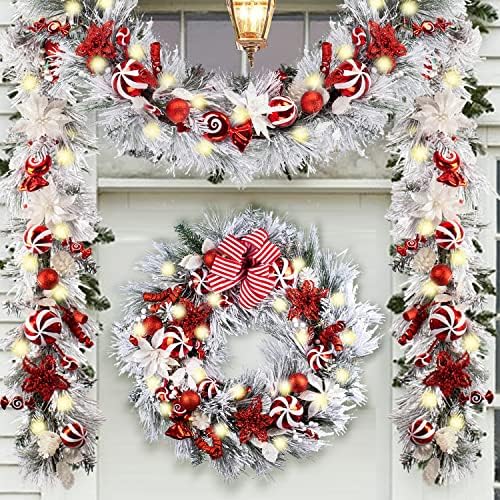 WANNA-CUL Pre-Lit 9ft Christmas Garland with Lights 50 LED Red White Bauble