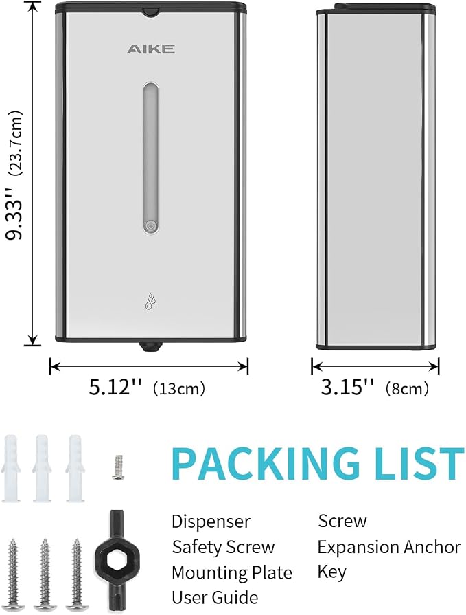 AIKE Heavy Duty Automatic Soap Dispenser,33.8oz for Bathroom,Polished Steel | 5-Level and Savety Key for Commercial(4*AA Batteries Not Included),Screw Wall Mount for Space-Saving,Stainless Steel AK1207