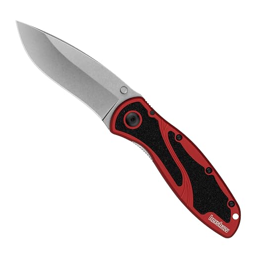 Kershaw Blur Folding Pocket Knife, 3.4 inch Stonewashed 14C28N Steel Blade, Red Anodized Aluminum Handle with Black Trac-Tec Inserts, Reversible Pocketclip; 3.9 OZ