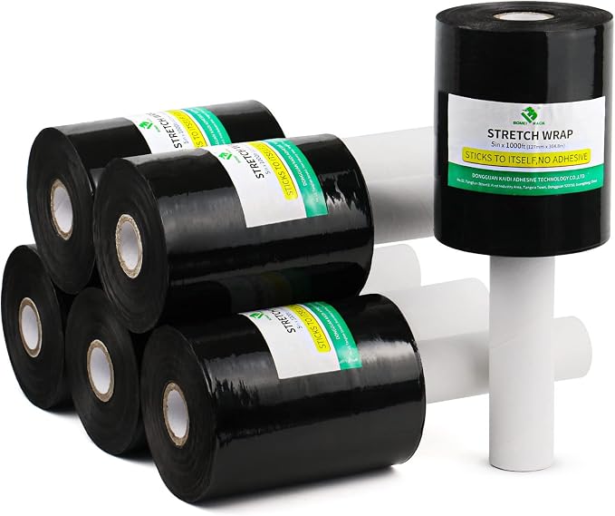 BOMEI PACK 6 Pack Industrial Black Mini Stretch Wrap Roll with Handle, 5" x 1000Feet 80 Gauge for Heavy Duty, Durable Self-Adhering Plastic Wrap for Packing, Moving