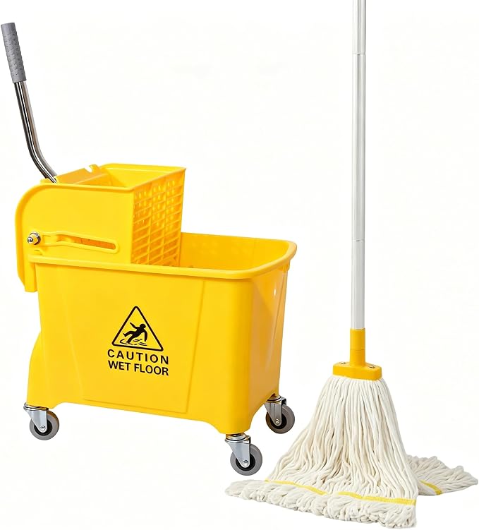 22-Qt (5.5 Gallon) Mop Bucket with Wringer on Wheels,Add One Cotton Mop | Household Mop and Bucket Set for Floor Cleaning ,Yellow ,15.7" L x 10.6" W x 31" H