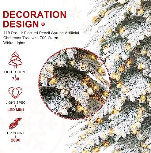 Glitzhome 11ft Prelit Christmas Tree, Artificial Christmas Tree with 700 Warm White Lights, Flocked Pencil Tree Chicago Frostwood Spruce Xmas Tree w/2890 PE&PVC Branch Tips and Sturdy Metal Stand
