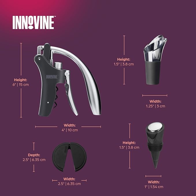 Innovine Level Corkscrew 4-Piece Wine Tool Set – Vertical Lever Corkscrew, 6-Blade Foil Cutter, Drip Stop Pour Spout & Silicone Bottle Stopper – Complete Wine Accessories for Home Bar & Gifting