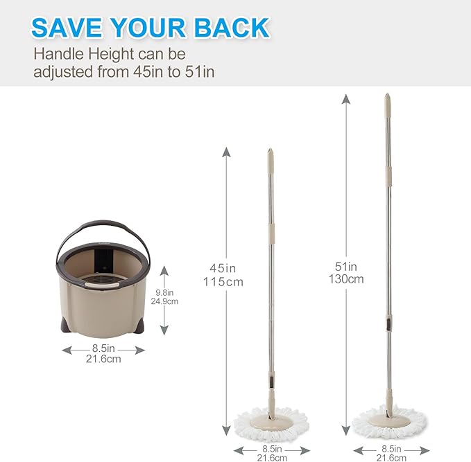 Eyliden Spin Mop and Bucket Set, 2 Microfiber Heads, Wash & Dry | Self-Cleaning Mop Bucket System for Hardwood, Tile, Vinyl Floors, Adjustable Stainless Steel Handle, Space-Saving Design