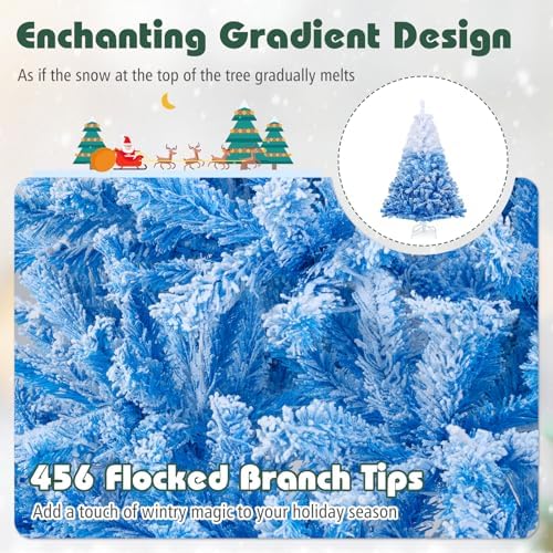 HAPPYGRILL 5 FT Pre-lit Flocked Christmas Tree Blue Hinged Xmas Tree with 456 Branch Tips, 180 Warm White LED Lights & Folding Metal Stand, for Home Office Carnival