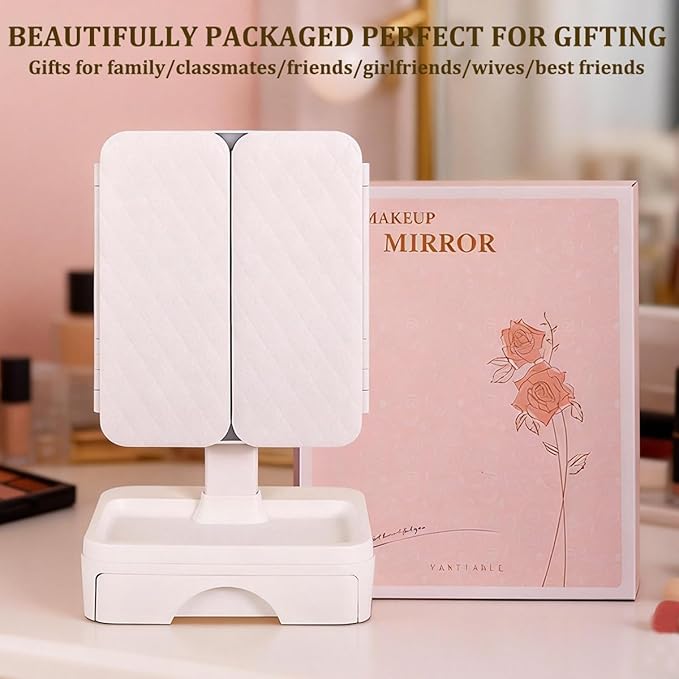 Tri Fold Lighted Makeup Mirror with Storage & 3X Magnification, Small Vanity Mirror, 3-Color Dimmable LED Vanity Mirror, Touch Control Vanity Mirrors, Travel Makeup Mirror for Women (White)