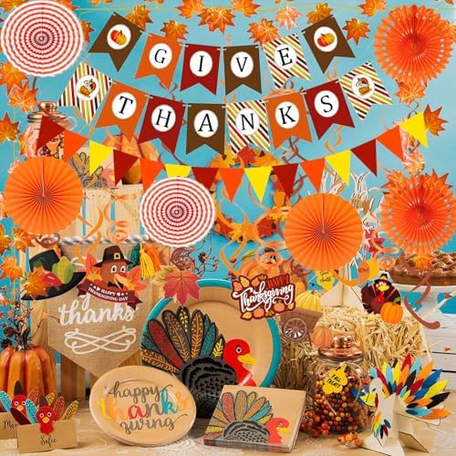 Fecedy Give Thanks Pumpkin Maple leaf Paper Banner Triangle Flag Bunting Maple Leaf Hanging Garland Paper Fan Flower Swirl Streamers for Thanksgiving Day Party Decoration