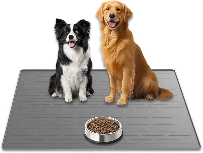 31.8"x23.8" Extra Large Pet Food Mat, Silicone Dog Mats for Food and Water, XL Nonslip Pet Feeding Mats for Floors,Dog Cat Bowl Mat with Raised Edges, Light Gray
