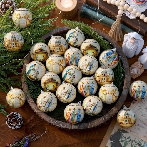 Outus 24 Pcs Nativity Scene Christmas Tree Ornaments Ball Christmas Jesus Decorations for Tree Vintage Christian Religious Hanging Ornaments The Birth of Jesus Decor Religious Gifts for Christian