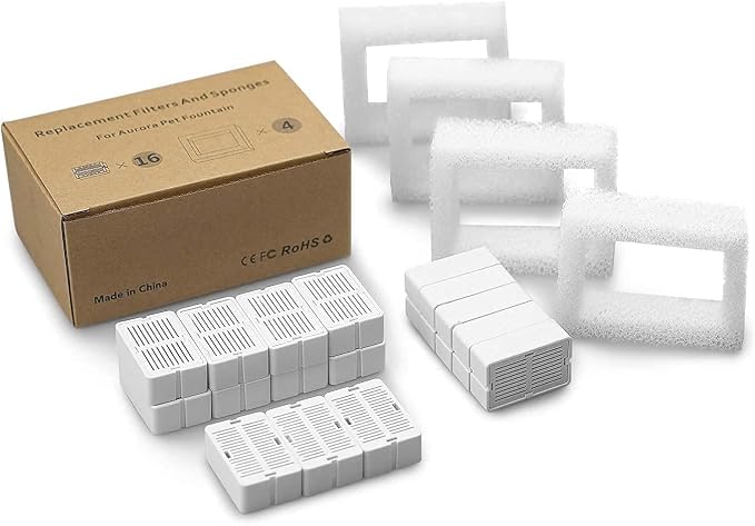 Cepheus 16 Pack Cat Water Fountain Filter with 4 Foam, Cupcake Pet Fountain Replacement Filters for Ceramic Cat Water Fountain, Carbon Fountain Filter Set