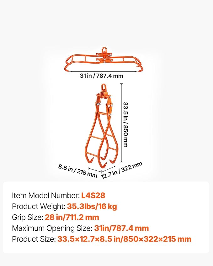 VEVOR Timber Claw Hook, 28 inch 4 Claw Log Grapple Logging Tongs, Swivel Steel Log Lifting Tongs 31" Max Opening, Eagle Claws with 2205LBS/1000kg Loading Capacity for Tractors, ATVs, Trucks, Forklifts