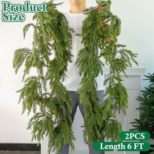2 Pcs Christmas Norfolk Pine Garland, 6Ft Artificial Pines Greenery Garland