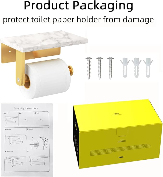Brushed Gold Toilet Paper Holder with Natural Marble Shelf, 304 Stainless Steel Screw Wall Mounted, Tissue Roll Paper Holder Dispenser for Bathroom Washroom