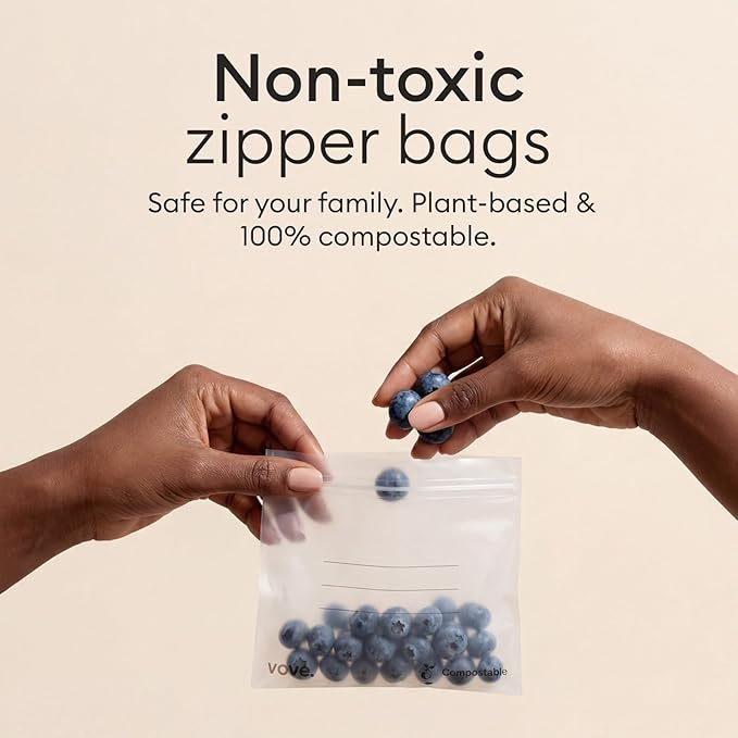 Vove Compostable Sandwich Bags 30 Ct, Plastic-Free Lunch Bags for Kids and Adults, PFAS-Free and BPI Certified, Freezer Safe Airtight Seal for Sandwiches and Meal Prep, Plant-Based