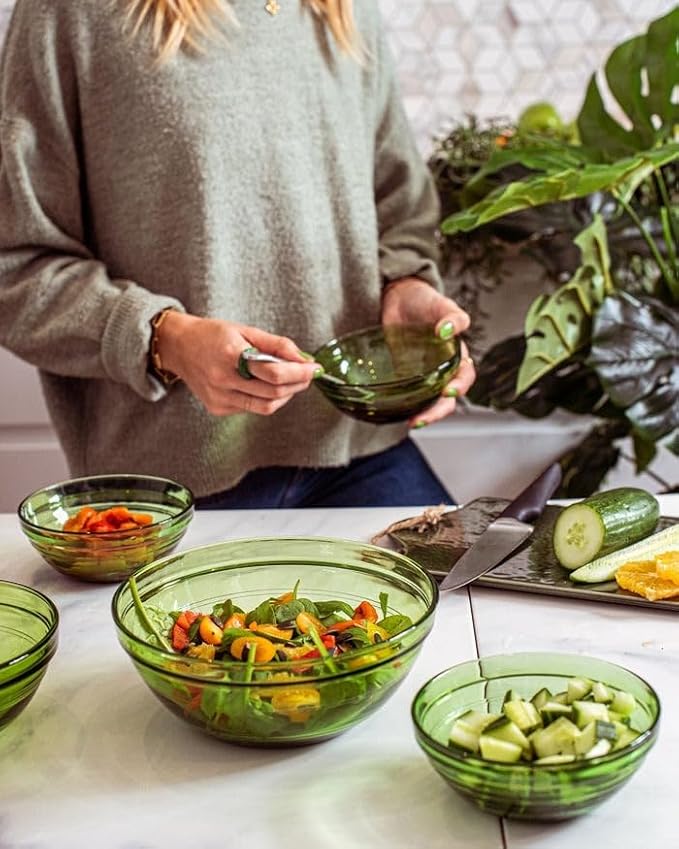 Duralex Gigogne Glass Stackable Mixing Bowls/Prep Bowls Set of 6, Green. 1½ qt. / 8⅛"