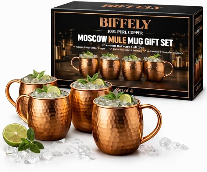 Premium Handcrafted Copper Moscow Mule Mugs Set of 4 – 16oz Hammered Solid Copper Cups, BPA-Free & Lacquer-Free, Elegant Gift Set for Cocktails, Water, Home Bar & Parties