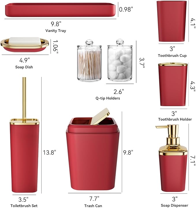 XLHOMO Bathroom Set, 9PC Bathroom Accessory Set, Burgundy Bathroom Accessories, Burgundy Bathroom Set, Trash Can, Soap Dispenser for Home Decor