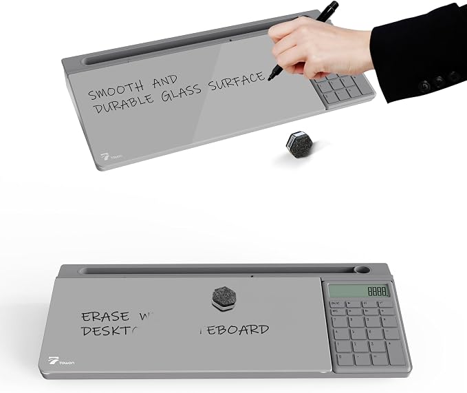 TOWON Desktop Glass Whiteboard with Basic Calculator, 12 Digit LCD Display, Desk Organizers with Accessories for Office, Home, School Supplies, Storage with Dry Erase Board Surface, Gray, 18'' x 6''