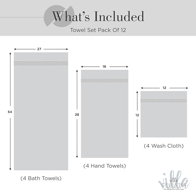 Villa Celestia 12-Piece 100% Cotton Towel Set, 4 Bath Towels, 4 Hand Towels, 4 Wash Cloth, Quick-Dry, Silver