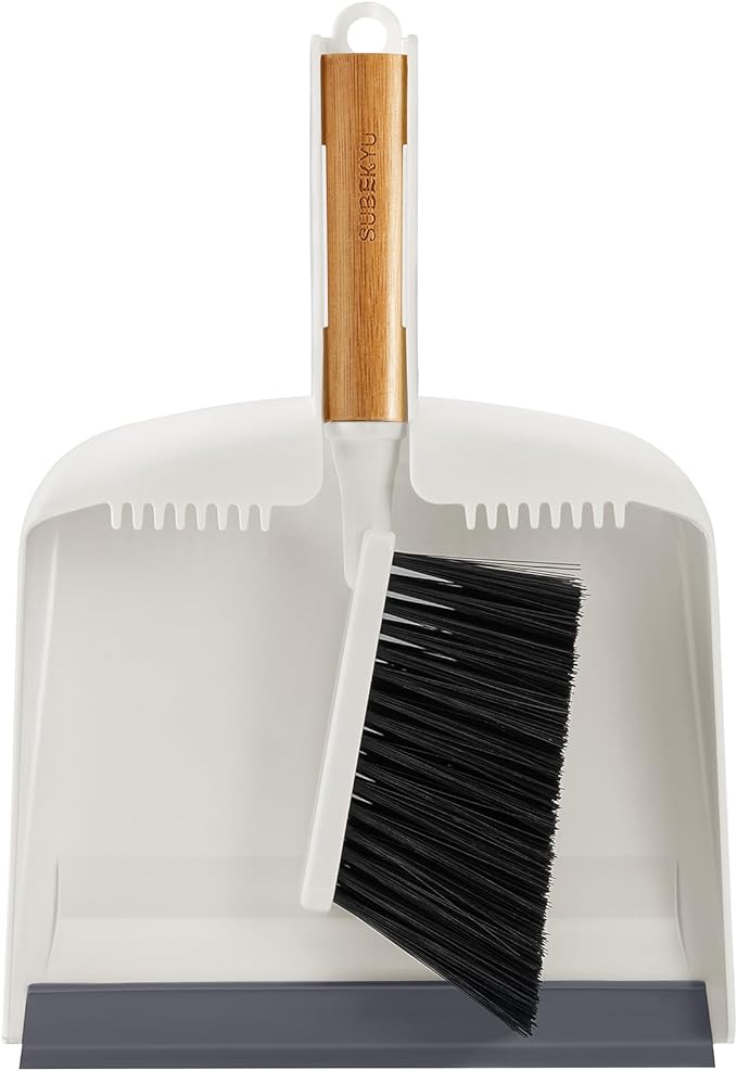 SUBEKYU Dustpan and Brush Set with Bamboo Handle, Hand Mini Broom and Dustpan Set, Small Broom and Dustpan Set for Kitchen/Desktops/Bedroom, White, 1 Set