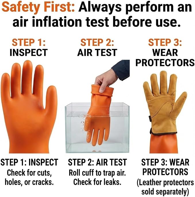 Class 3 Insulated Gloves, ASTM D120, 26500V, 1 Pair, Yellow | High voltage dielectric rubber gloves for linemen & electricians. Electrical safety PPE, arc flash protection.