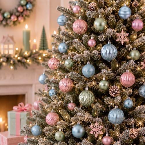 Lunmon 64 Pcs Pastel Christmas Ball Ornament Set Pink Green Blue Baubles