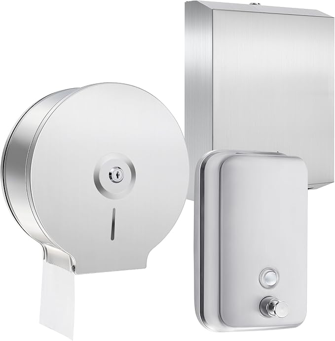3 Pcs Commercial Toilet Paper Dispenser and Soap Dispenser Set-Stainless Steel,Wall Mount,Large Capacity Manual Liquid Pump Rust Proof Leak Free for Home Bathroom