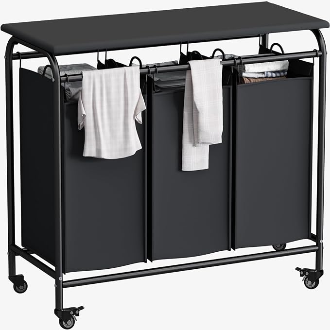 LINZINAR 3-Bag Laundry Hamper with Ironing Board, Black 135L Laundry Sorter | Laundry Room Organization with Heavy Duty Rolling Lockable Wheels and Removable Bag, Bedroom Laundry Cart for Clothes Storage