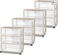 Sterilite 4 Pack Wide 3 Drawer Storage Cart, Rolling Organization, Grey | Clear Plastic Organizer Drawers with Wheels for Craft Supplies, Bath Essentials, or Home Accessories