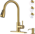 Brushed Gold Kitchen Faucet with Soap Dispenser, WOWOW Stainless Steel Kitchen Faucet for Sink, Single Handle Luxurious Gold Kitchen Sink Faucet with Sprayer