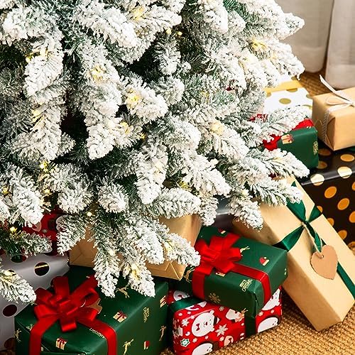 Glitzhome 9ft Prelit Christmas Tree, Snow Flocked Christmas Trees with 600 Warm White Lights, Pencil Christmas Tree Snowy Splendor Fir Artificial Tree w/1860 Branch Tips and Foldable Metal Stand
