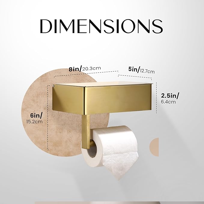 Day Moon™ - Toilet Paper Holder with Shelf - Modern Roll Holder for Bathroom - 1 Pack - Wall Mount - with Storage, Gold