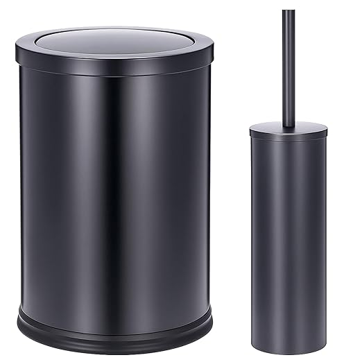 Maxdot 2 Pcs 2.4 Gallon/9 L Black Bathroom Trash Can with Flip Lid and Toilet Brush Set, Small Luxury Stainless Steel Garbage Trash Can Wastebasket Bin for Home Office Hotel Bathroom Bedroom Kitchen