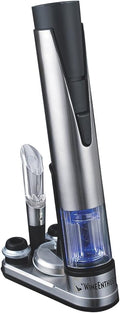 Wine Enthusiast 2-in-1 Electric Blue Automatic Wine Bottle Opener & Preserver Set – Stainless Steel Electric Corkscrew with Vacuum Stopper (7pc Set)