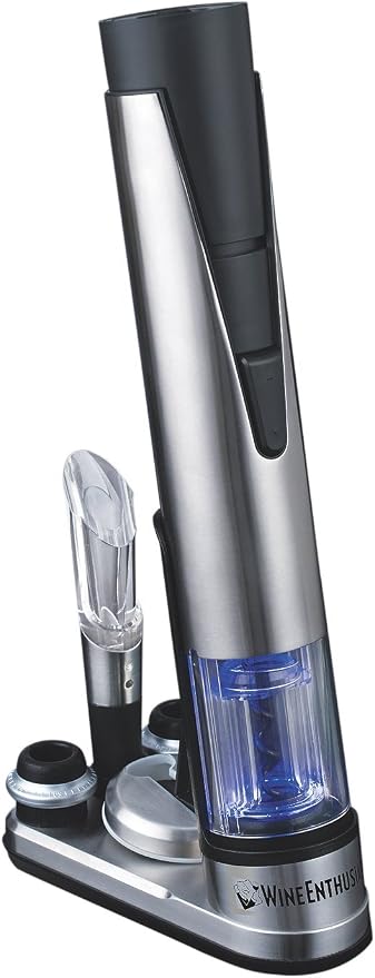 Wine Enthusiast 2-in-1 Electric Blue Automatic Wine Bottle Opener & Preserver Set – Stainless Steel Electric Corkscrew with Vacuum Stopper (7pc Set)