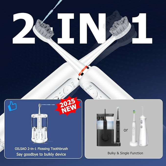 Electric Toothbrush with Water Flosser Combo in One, Professional Flossing Toothbrush for Teeth Cleaning and Flossing, Plaque Removal, Rechargeable,5 Brush Modes & 3 Flossing Speeds,500ML,White