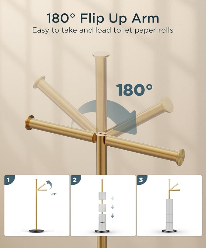 FORIOUS Toilet Paper Holder Stand, Modern Free Standing Tissue Roll Holder for Bathroom, Durable SUS 304 Stainless Steel and Weighted Base, Storage for 4 Rolls (Matte Black & Brushed Gold, 23.2" H)