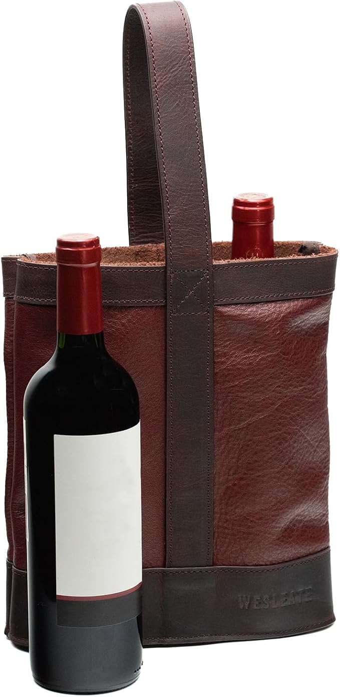 Double Wine Carrier Bag – Leather Wine Tote for Two Bottles with Handles & Metal Buckle – Protective Carrier for Picnic, Wine Champagne Gift Bag (Merlot)