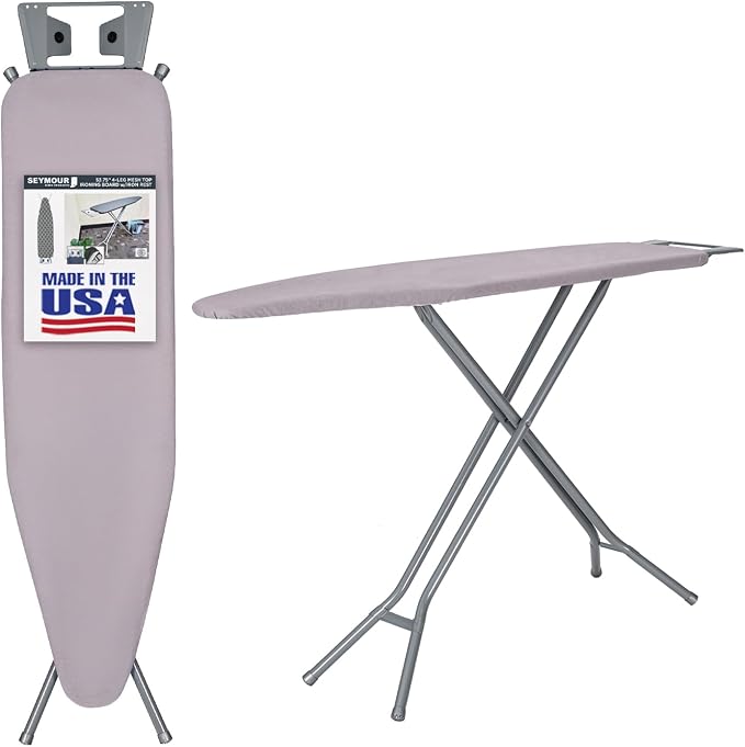 Ironing Board Full Size; Made in USA by Seymour Home Products (Light Grey). Includes Iron Rest, Cover & Pad | All-Steel Frame, 4 Heavy Duty Legs for Extra Support | Diamond Cut Mesh Top; Steam Flow