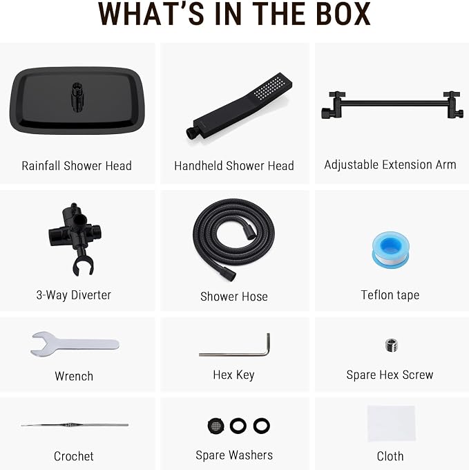 G-Promise All Metal 14 Inch Dual Square Shower Head with Handheld Spray Combo, Rain Shower Head, Adjustable Extension Arm, 3-Way Diverter, 71 Inch Extra Long Hose - A Bathroom Upgrade (Matte Black)