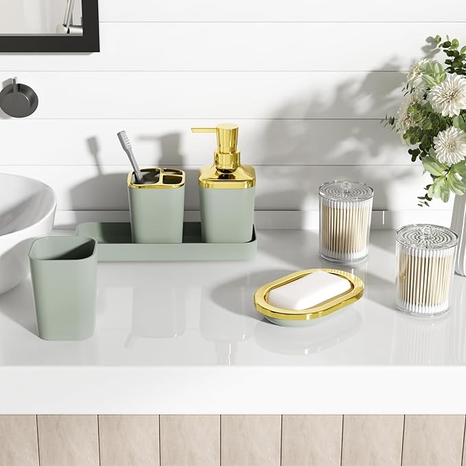 XLHOMO Bathroom Set, Bathroom Accessory Set, Sage Green Bathroom Accessories Set with Press-on Lid Bathroom Trash Can, Soap Dispenser, 9PC Bathroom Accessory Set for Home