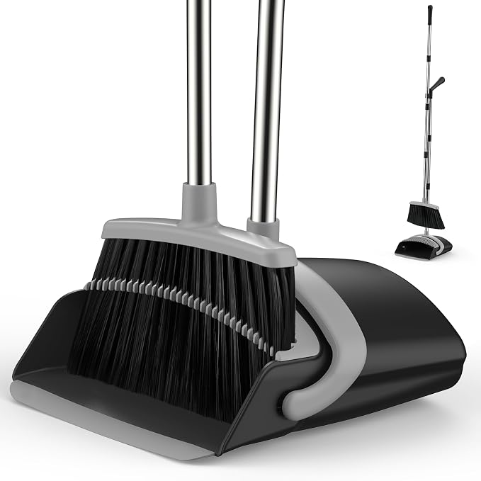 Broom and Dustpan Set for Home, 51-in Long Adjustable Handle Angle Broom and Dustpan Combo Set with Dust Pan Teeth to Clean Hair for Home Kitchen Office Lobby Floor Garden (Black&Grey)