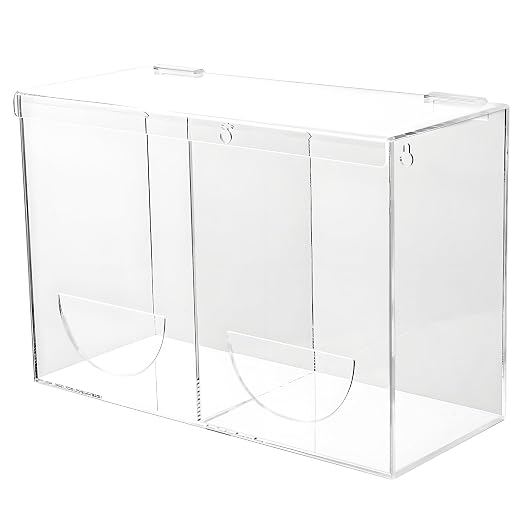 Glove Dispenser Wall Mounted Medical Glove Holder with 2 Compartment Clear Acrylic Hygiene Dispenser for Hair Nets, Shoe Covers, Beard Nets - Sanitation Station Storage Organizer