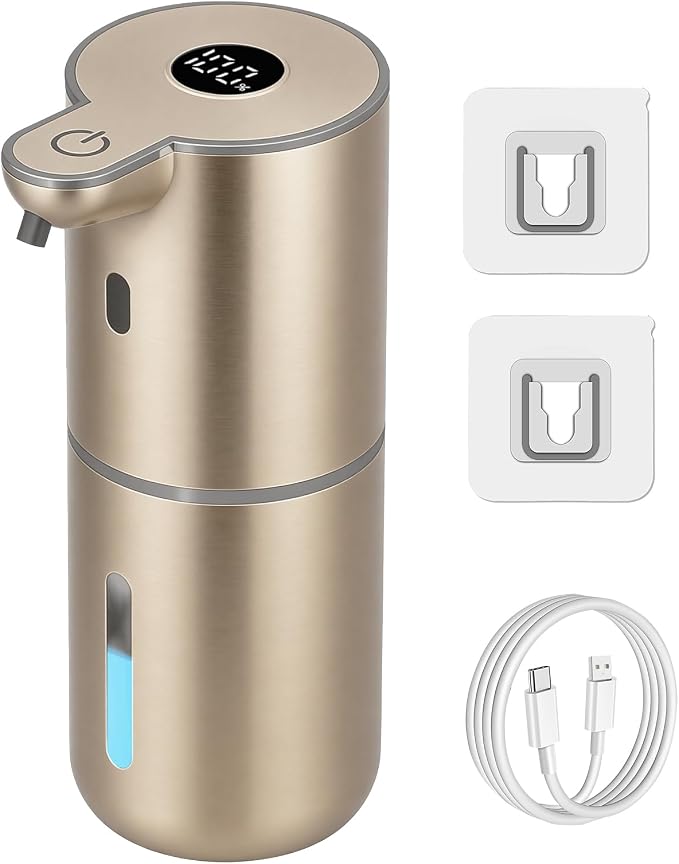 OHIFAST Automatic Foaming Soap Dispenser Touchless, USB Rechargeable Smart Hand Soap Dispenser, 6-Level Adjustable, 12.8oz/380mL Wall Mounted for Bathroom Kitchen Dish Soap-Gold